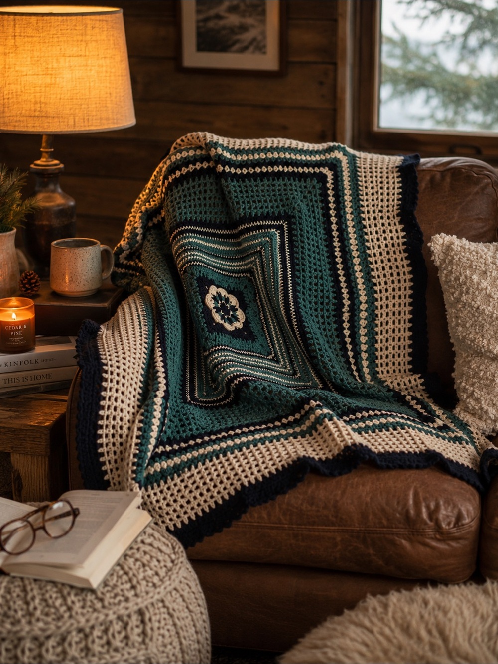 Handmade granny square navy blue teal and cream afghan blanket